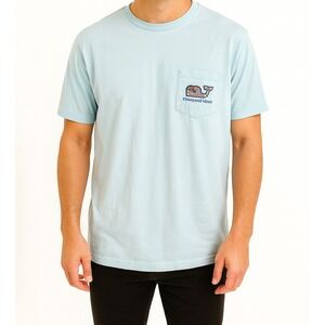 Vineyard Vines Shirt Tropical Fruits Whale Pocket Blue Short Sleeve Men M